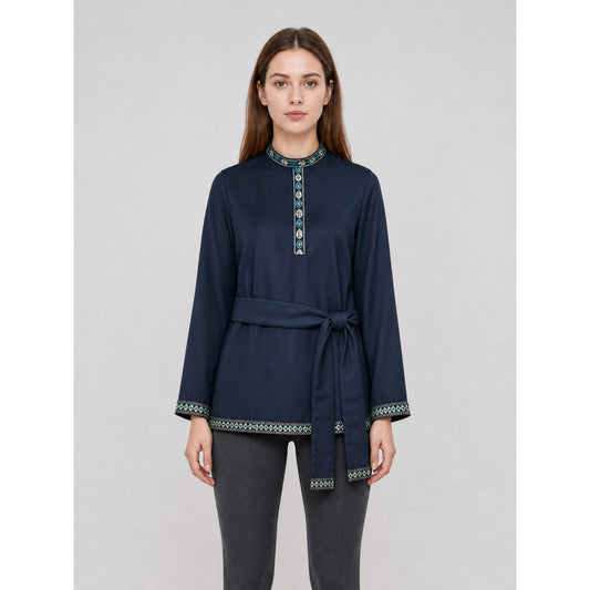 Tunic with a stand-up collar and belt, dark navy