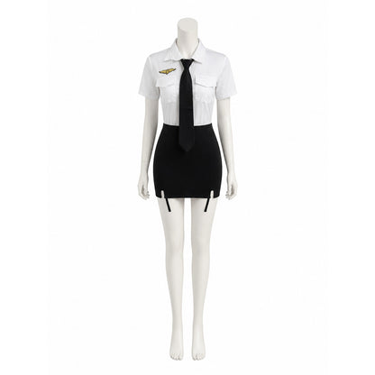 Women's Police Officer Costume Set, White Shirt with Black Tie and Skirt, Sexy on-model view