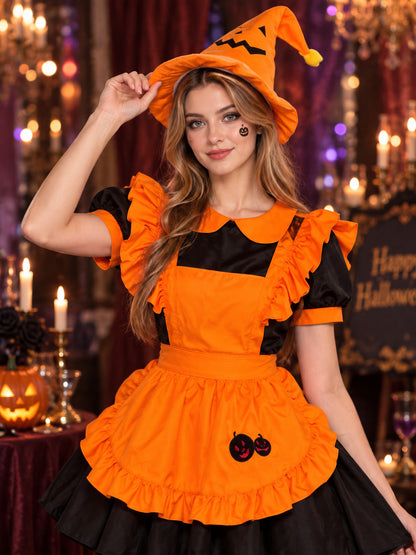 Carnival costume with black dress and orange apron