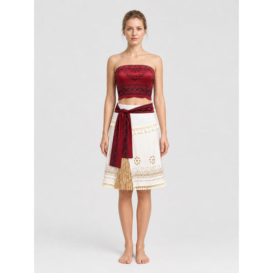 Moana Cosplay Costume, Top and Patterned Skirt on-model view