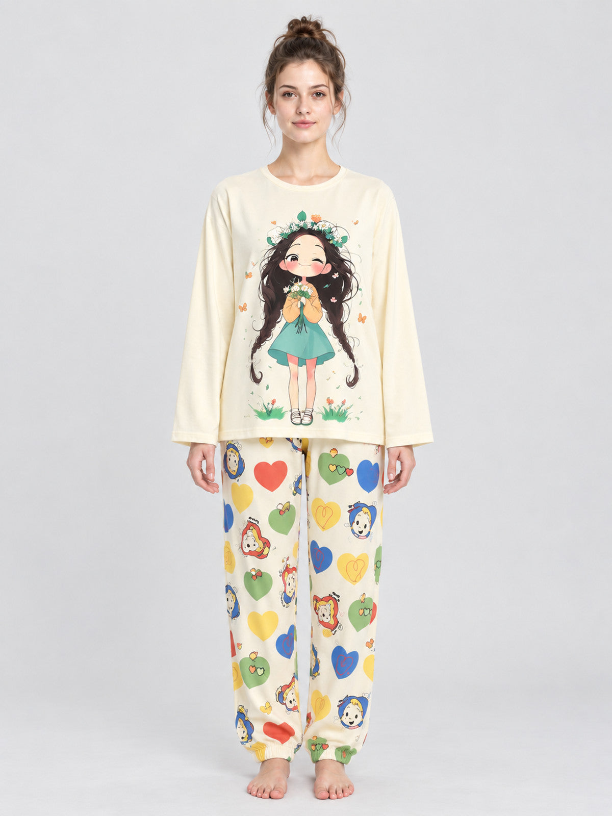 Pajama Set with Cartoon Print and Hearts
