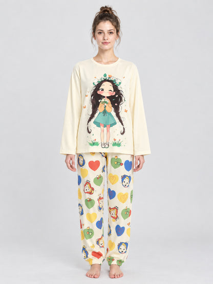 Pajama Set with Cartoon Print and Hearts