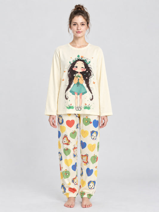 Pajama Set with Cartoon Print and Hearts