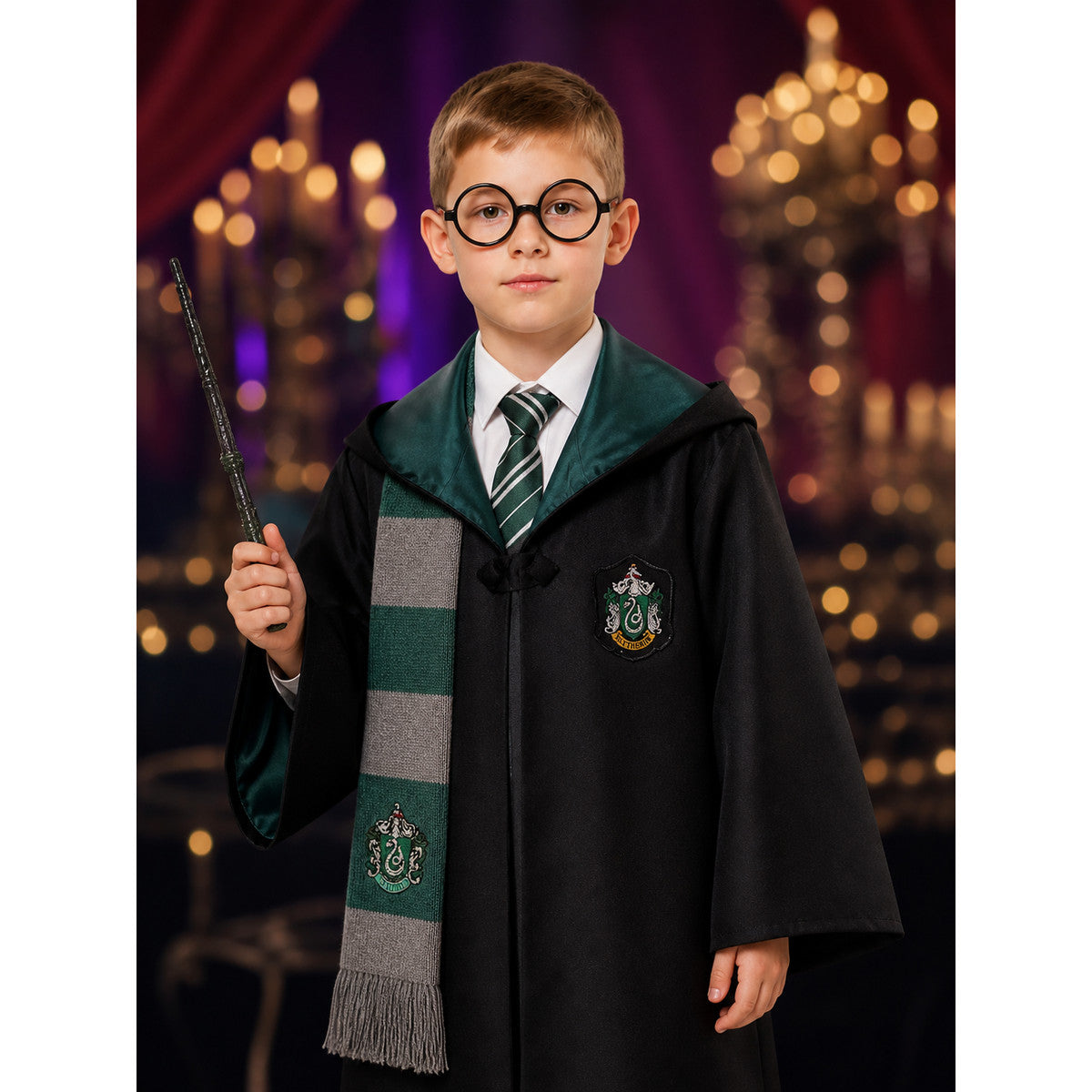 Green Wizard Costume Set, Hooded Robe With Tie, Scarf, Glasses & Wand on-model view