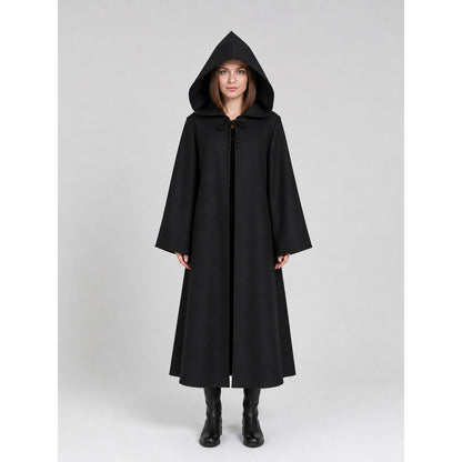 Black Hooded Carnival Cloak, Medieval Style on-model view