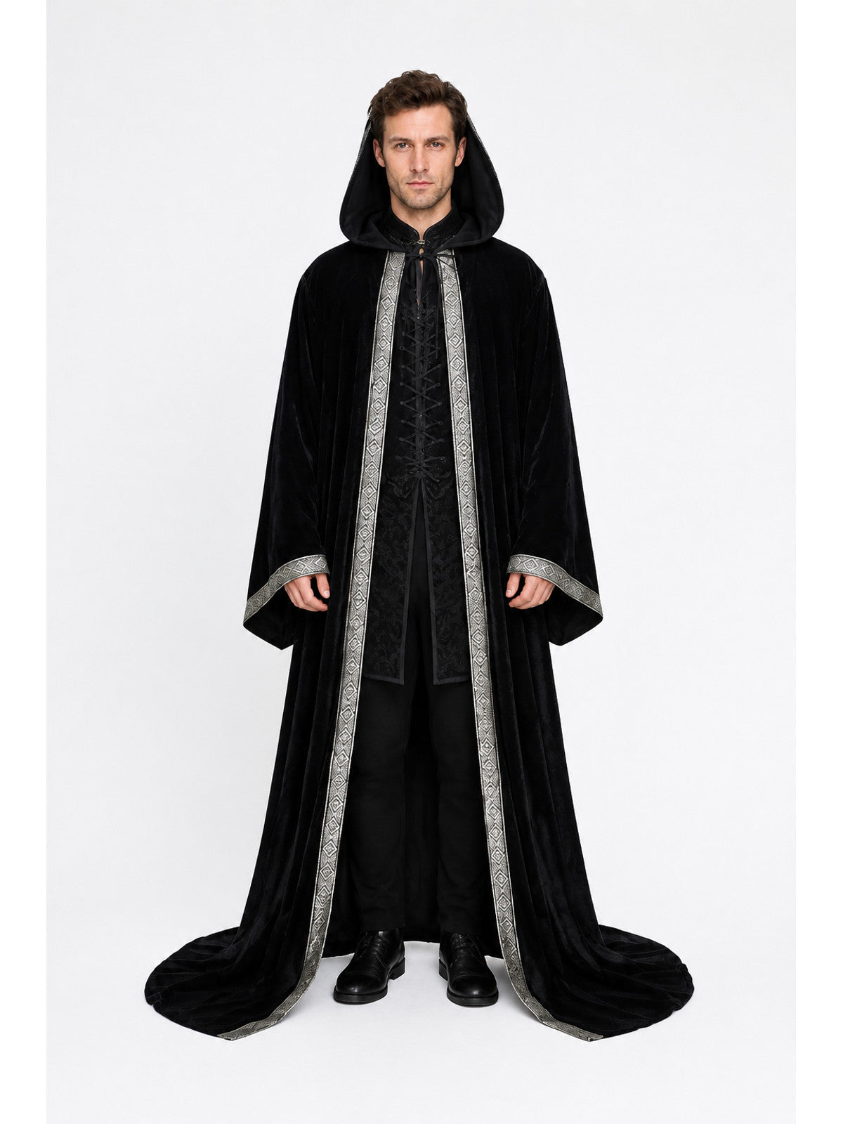 Black Hooded Cloak with Silver Trim, Godfather Death Cosplay main product view