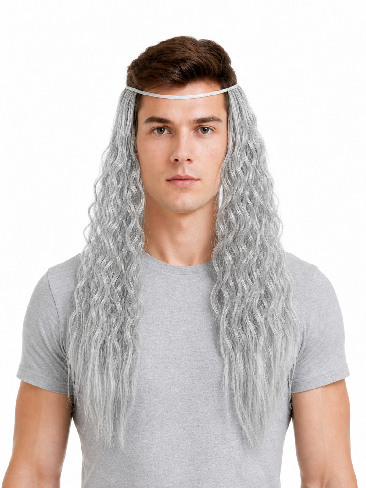 Gray wavy beard accessory shown on a front-facing model, with long hair-like strands and a thin matching headband