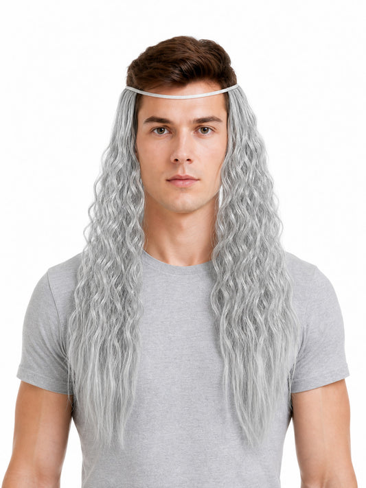Gray wavy beard accessory shown on a front-facing model, with long hair-like strands and a thin matching headband