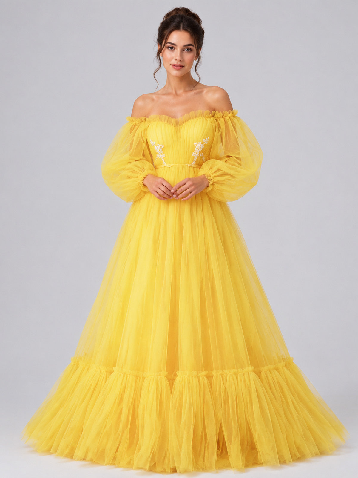 Long Yellow Dress with Puff Sleeves and Ruffle on-model view