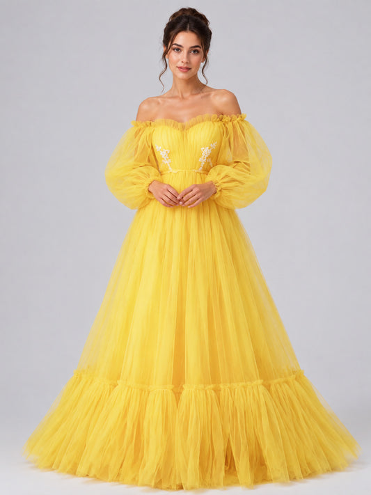 Long Yellow Dress with Puff Sleeves and Ruffle on-model view