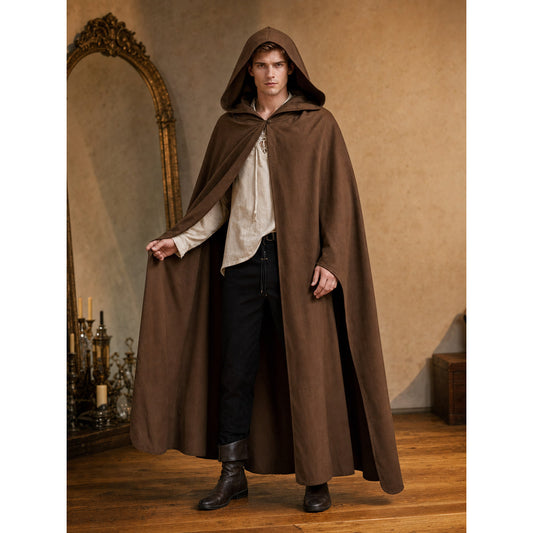 Medieval Fantasy Hooded Cloak, Deep Brown Long Draped Cape with Overlapping Front and Pointed Hem for Role Play, Stage Styling and Outdoor Wear