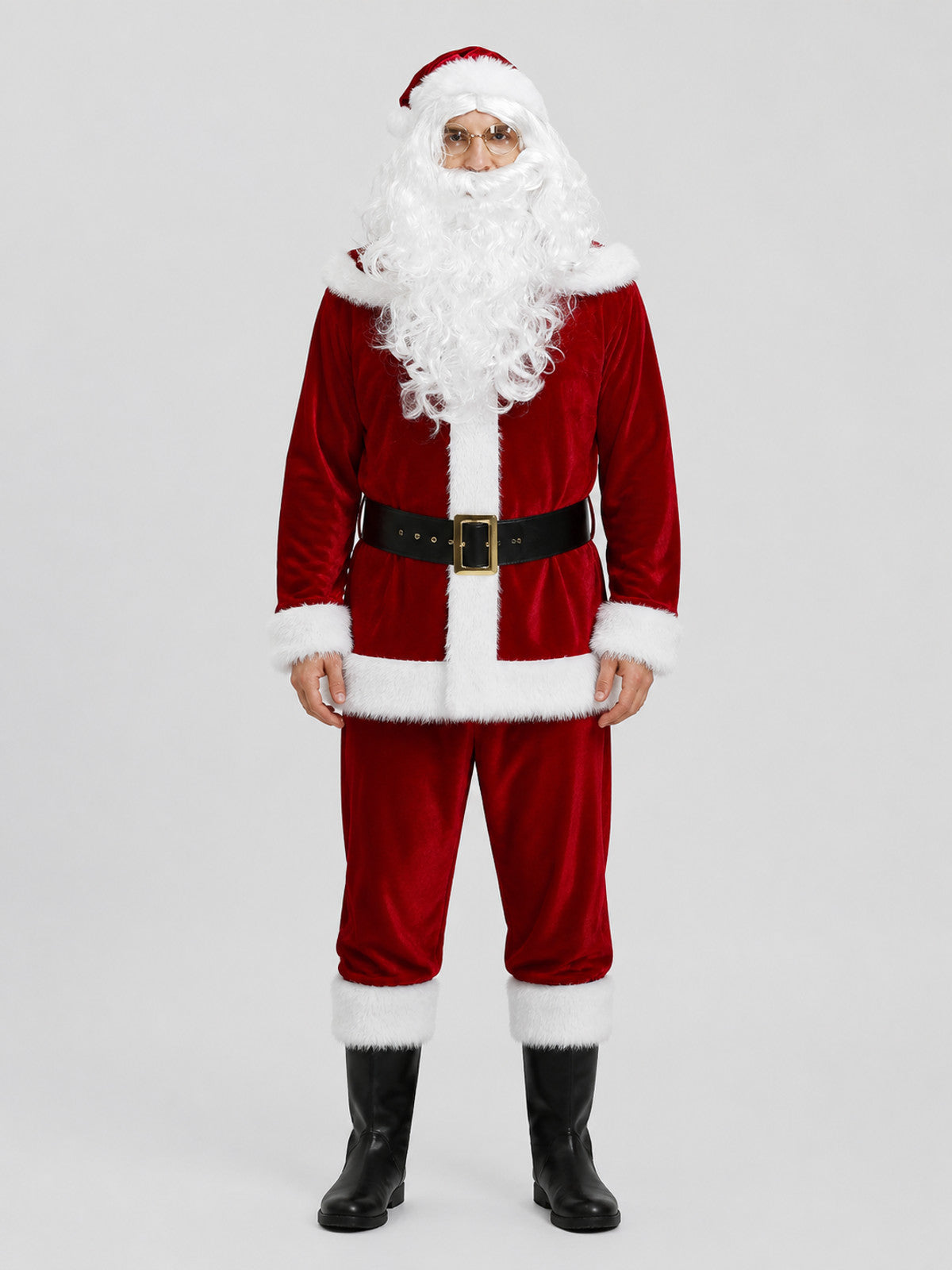 Santa Claus Costume, Red, with Beard and Hat on-model view