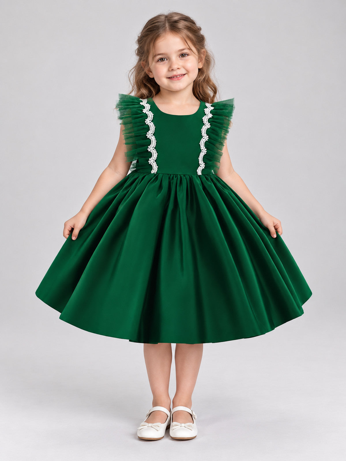 Dark Green Children's Holiday Dress with Lace and Bow