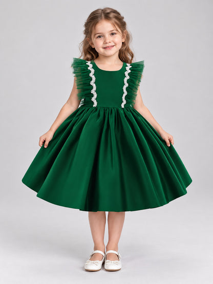 Dark Green Children's Holiday Dress with Lace and Bow