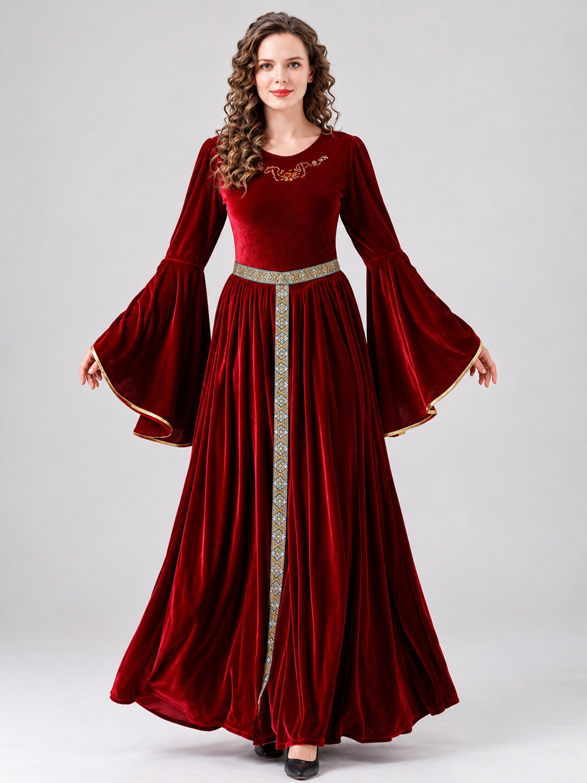 Long Medieval Dress with Embroidery and Flared Sleeves