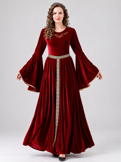 Long Medieval Dress with Embroidery and Flared Sleeves