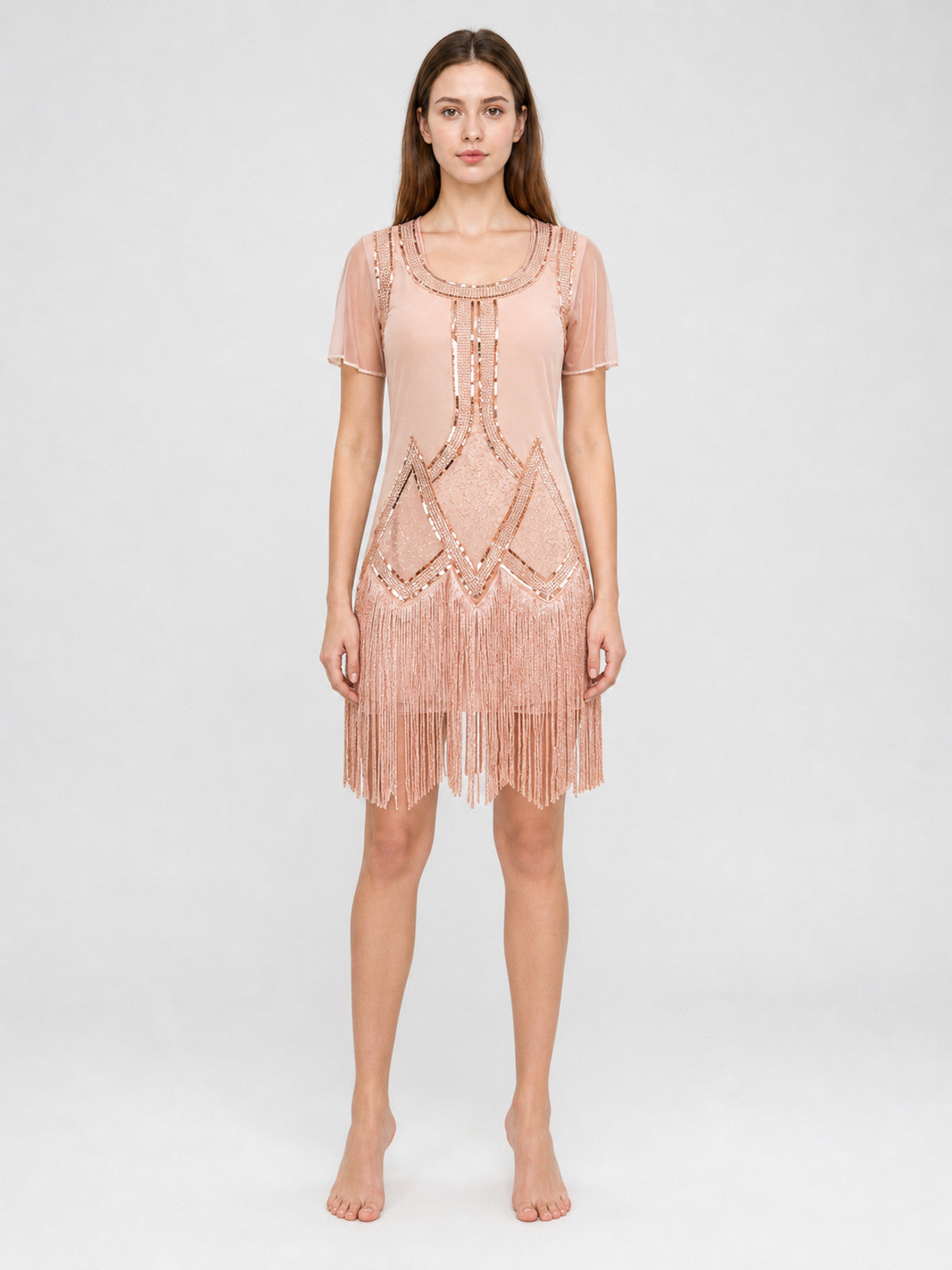 Gatsby-Style Evening Dress with Fringe and Sequins front view