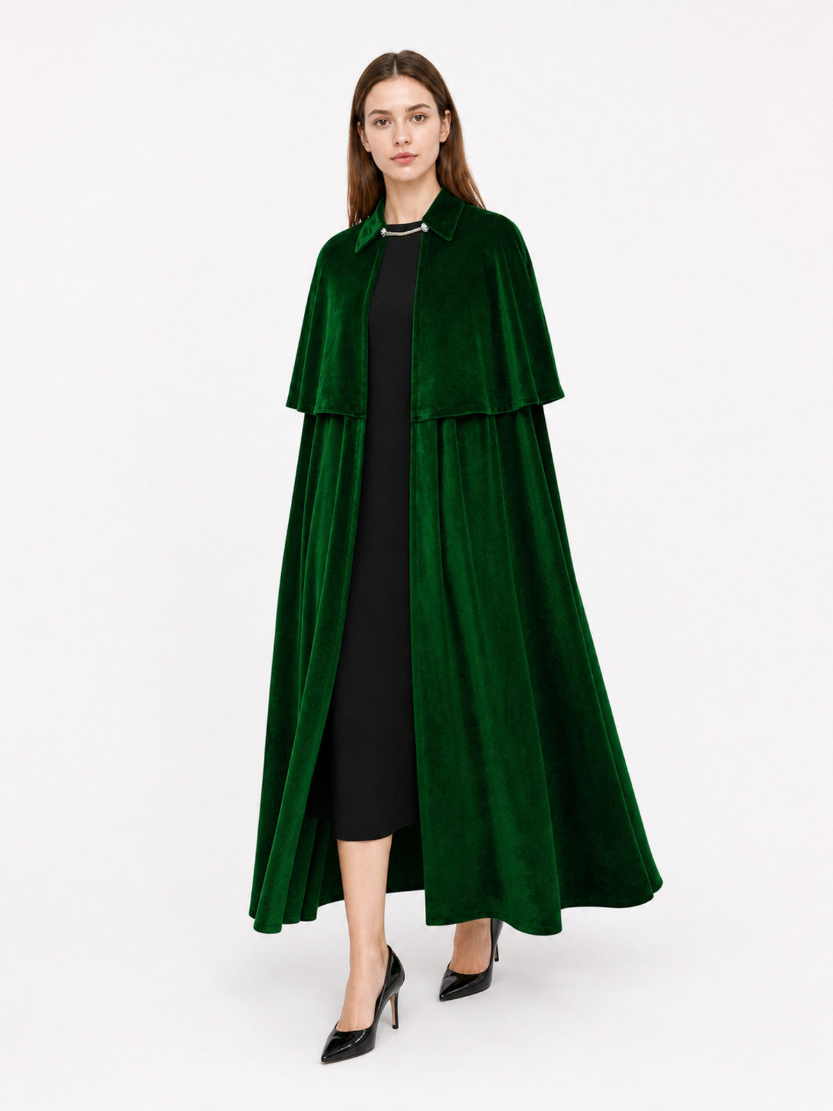 Dark Green Carnival Cloak for a Costume Look front view