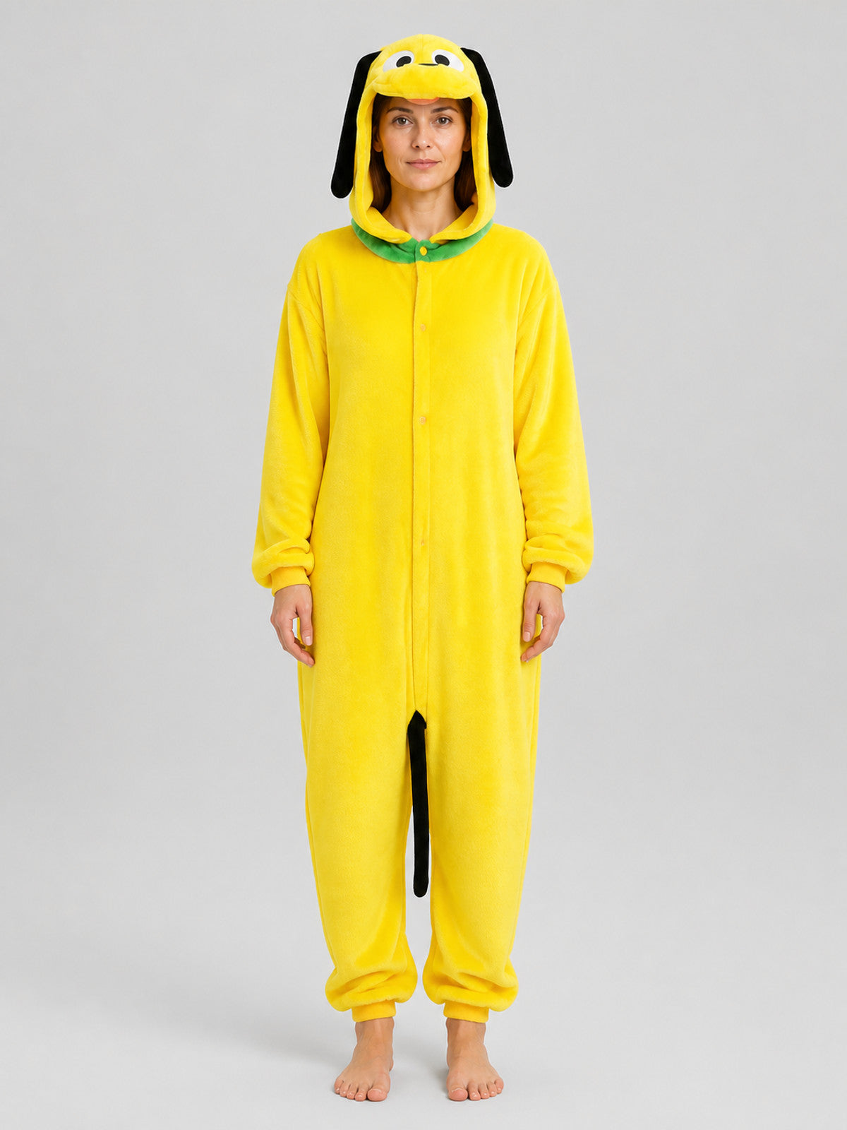 Flannel Hooded Yellow Dog Onesie Pajama on-model view