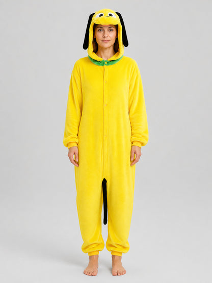 Flannel Hooded Yellow Dog Onesie Pajama on-model view