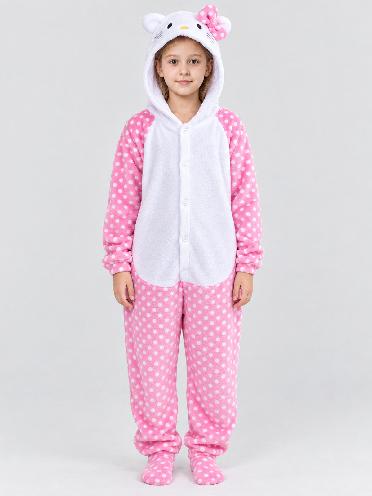 Kids' Flannel Fleece Hooded Pajama Jumpsuit with Ears, Pink and White