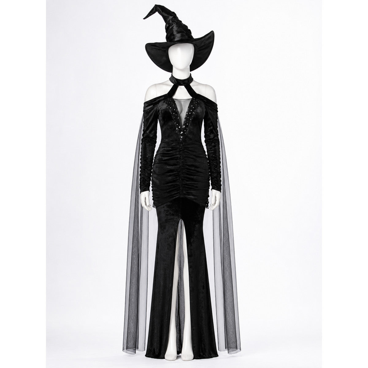 Women's Sequined Witch Costume Dress with Cape and Hat - Black Halloween Outfit on-model view