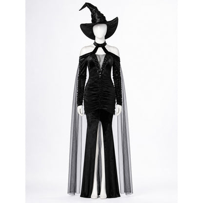 Women's Sequined Witch Costume Dress with Cape and Hat - Black Halloween Outfit on-model view