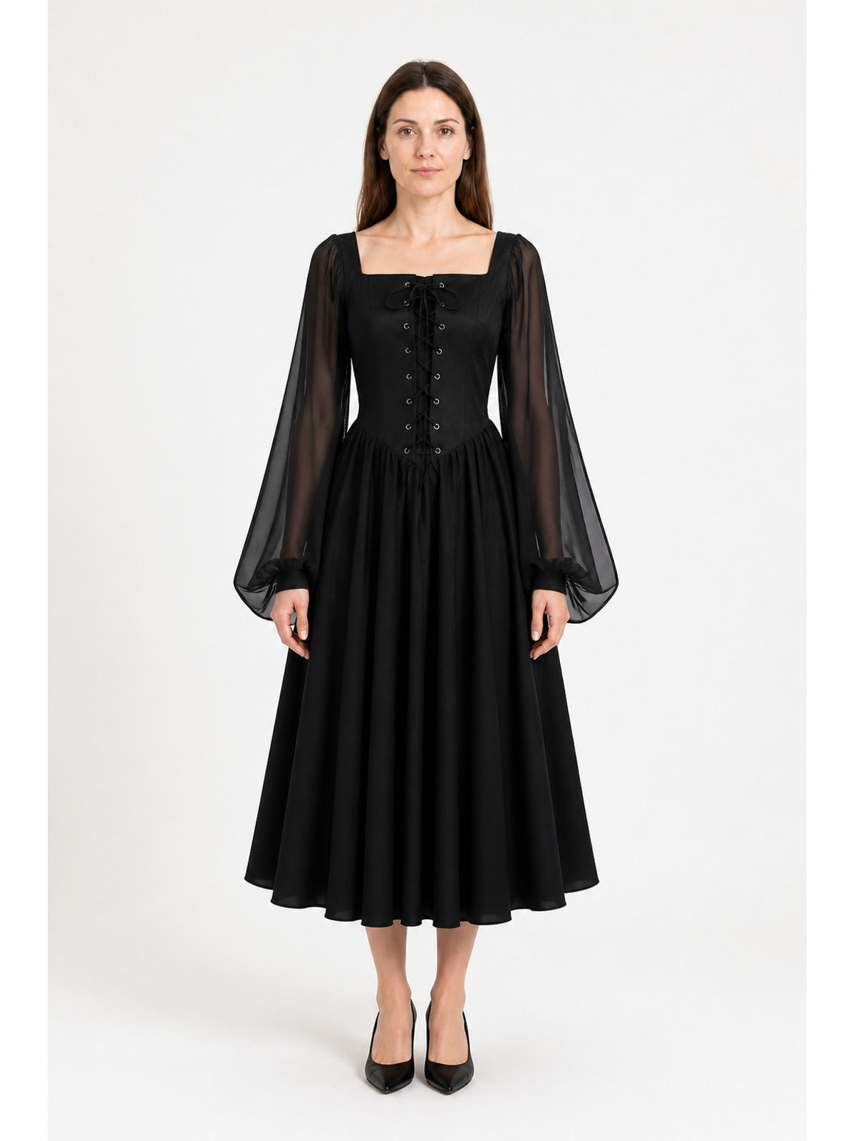 Black Renaissance Dress with Bell Sleeves and Lace-Up Detail main product view