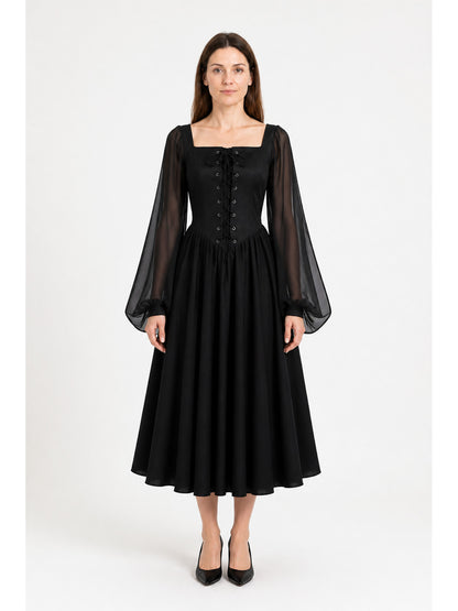 Black Renaissance Dress with Bell Sleeves and Lace-Up Detail main product view