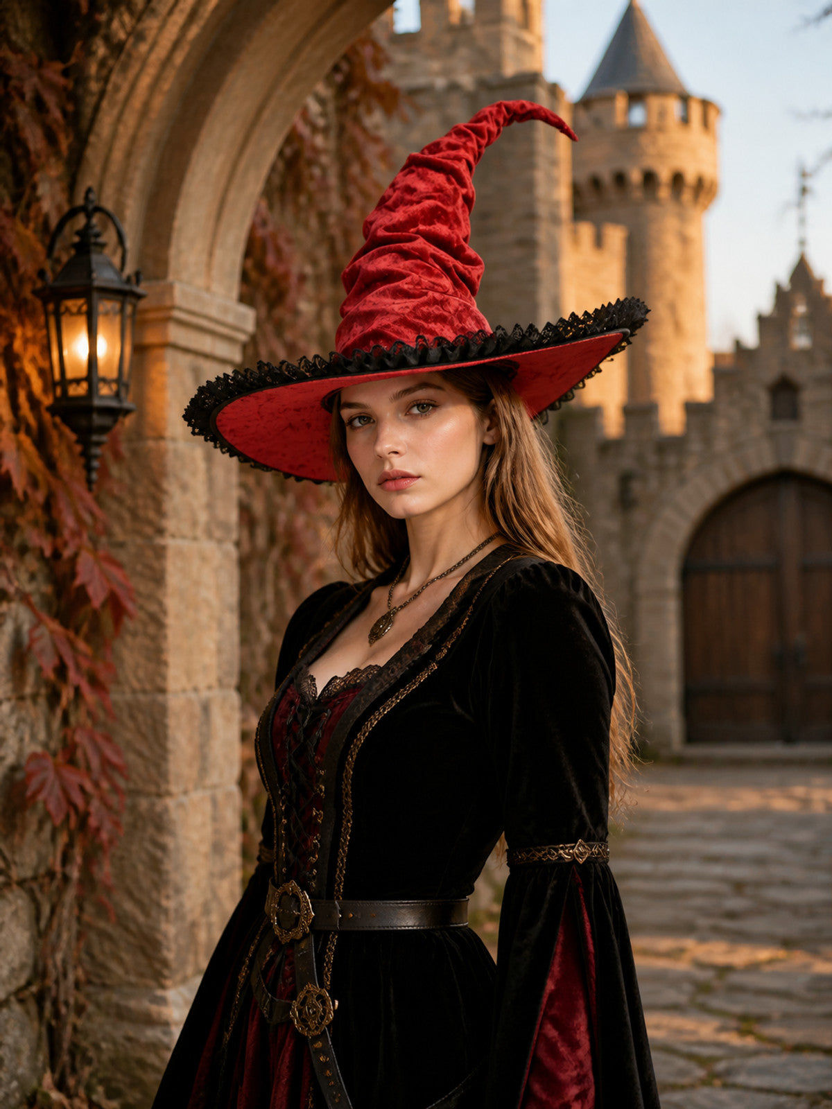 Red and Black Wide Brim Witch Hat, Tall Curved Pointed Top with Black Lace Trim