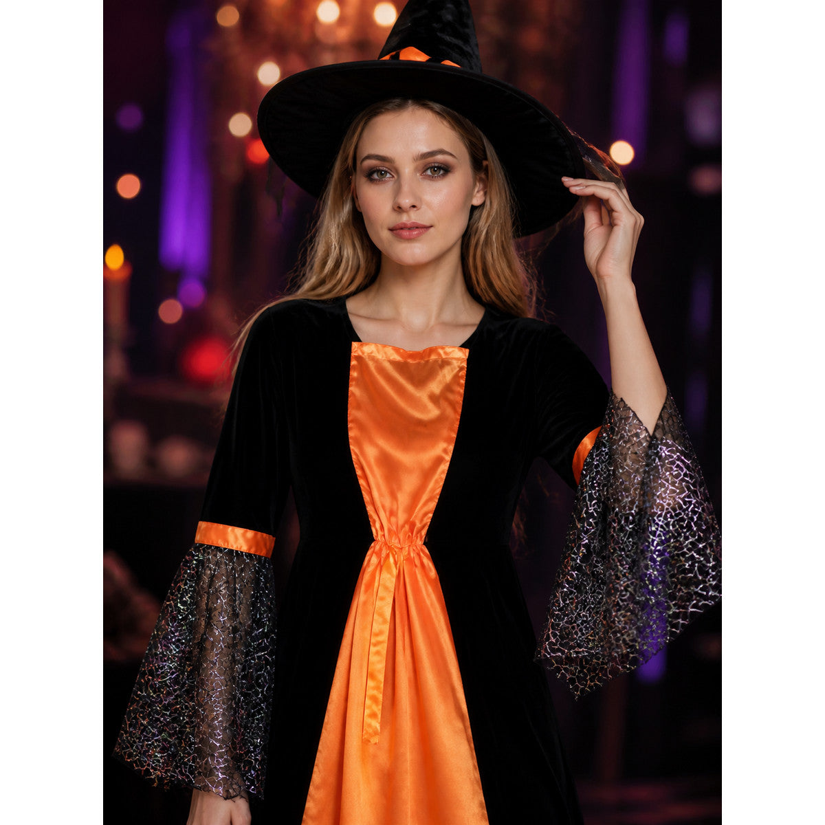 Halloween Costume with Dress, Hat, and Spiderweb Accessory on-model view