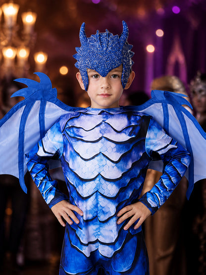 Kids' Blue Ice Dragon Knight Dinosaur Jumpsuit Costume with Wings and Character on-model view