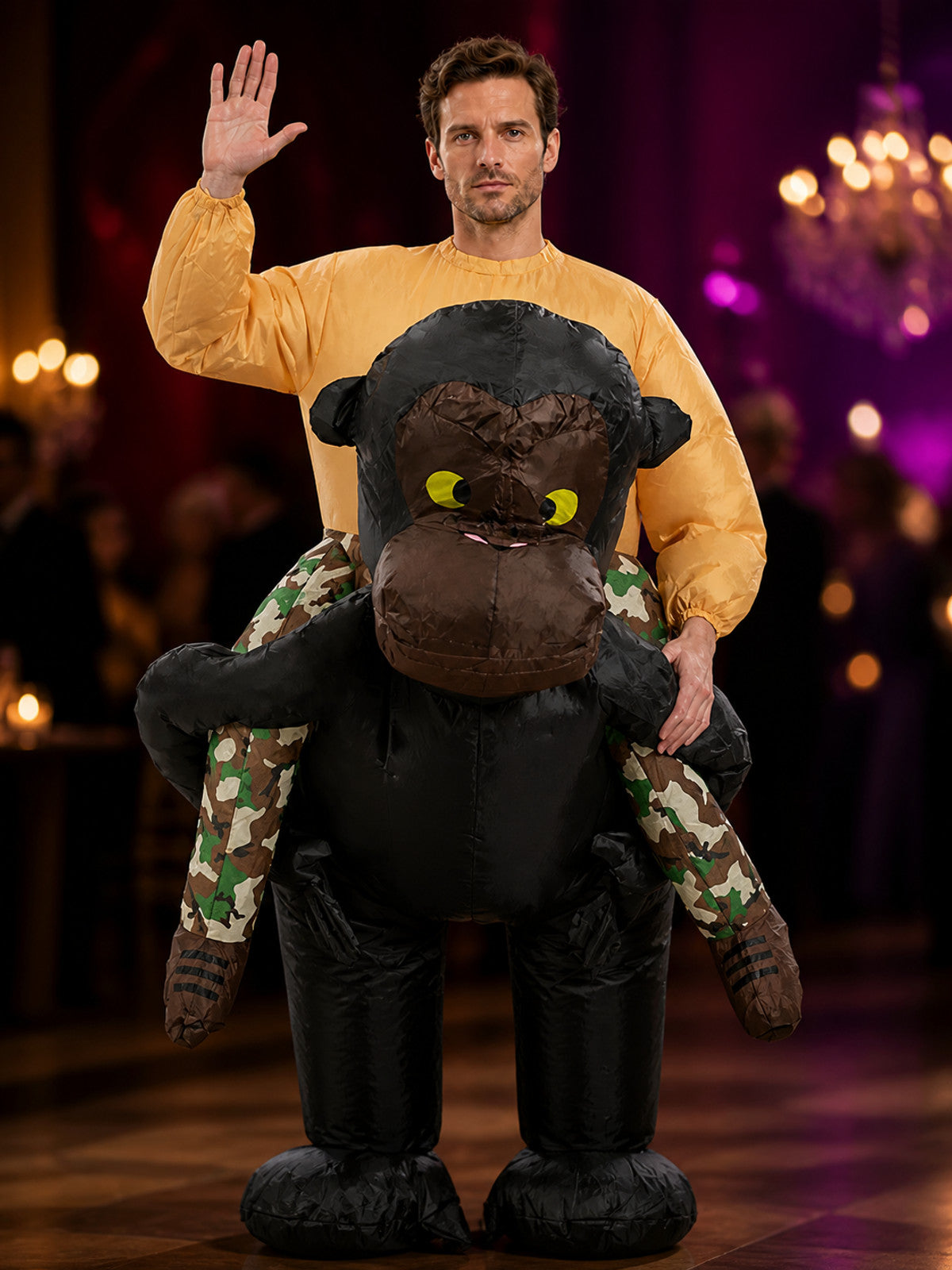 Unisex Gorilla Inflatable Costume with Camo Print, Funny Halloween Party Outfit on-model view