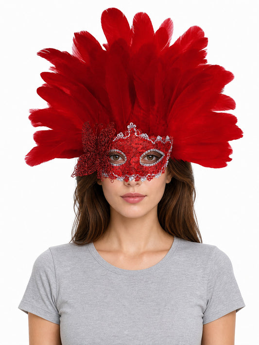 1pc Red Feather Mask, Fan-Shaped Half Face Headpiece with Bow and Silver Trim
