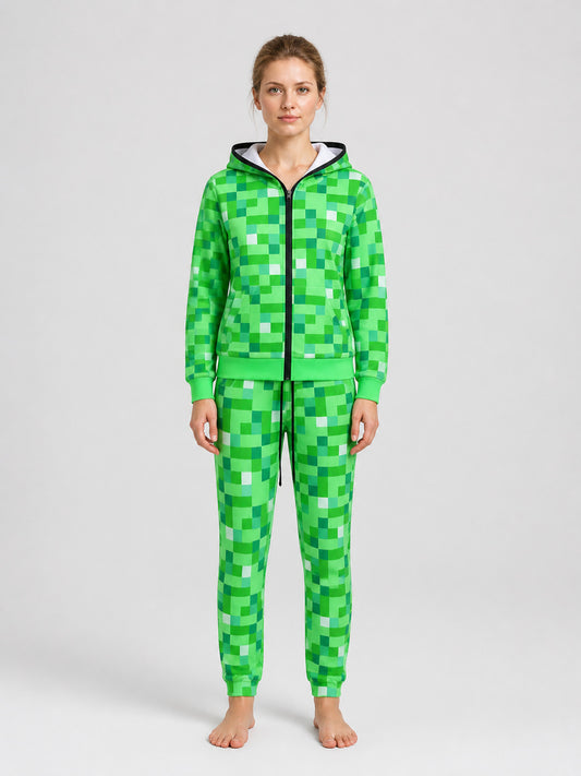 Minecraft Costume: Zip-Up Hoodie and Pants, Pixelated on-model view