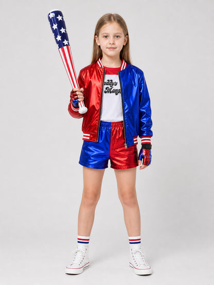 Harley Quinn Cosplay Costume: Jacket, Shorts, and Gloves on-model view