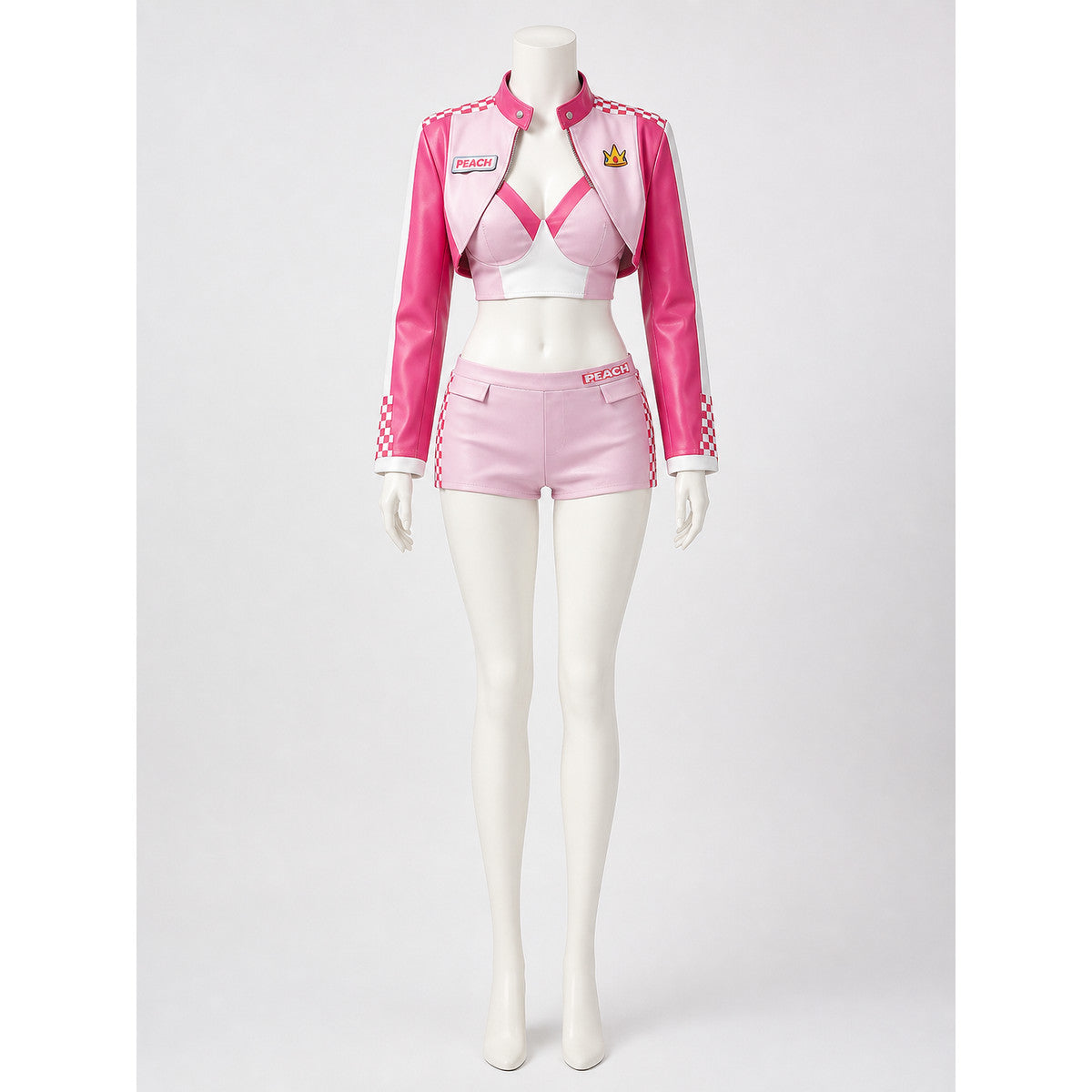 Women's Princess Peach Checkered Racing Suit Cosplay Costume Set on-model view