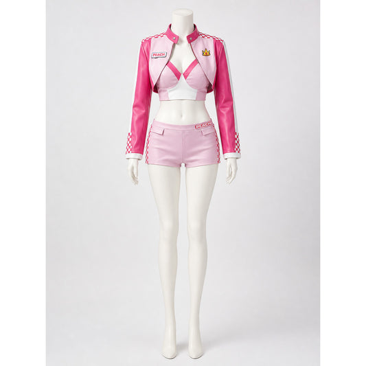 Women's Princess Peach Checkered Racing Suit Cosplay Costume Set on-model view