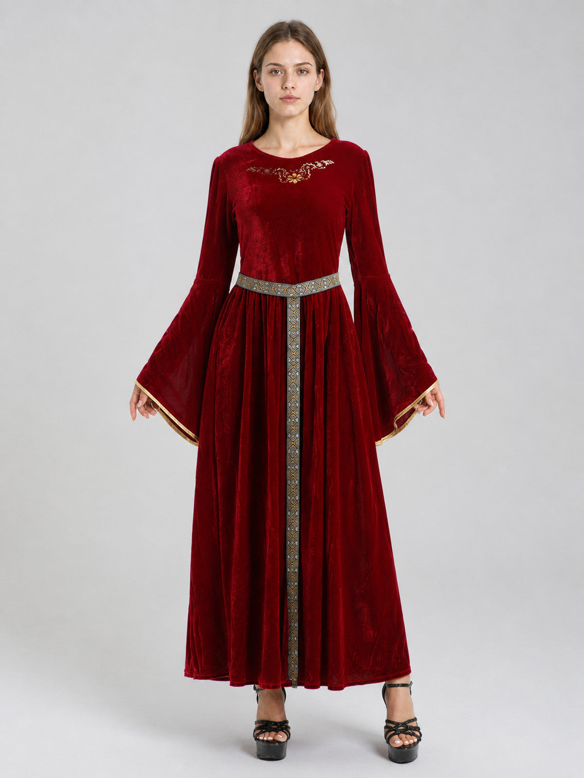 Burgundy Velour Costume Dress with Belt on-model view