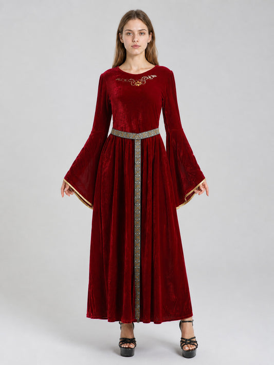 Burgundy Velour Costume Dress with Belt on-model view