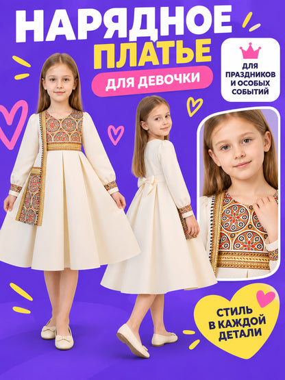 Dressy Dress with a Full Skirt and Gold-Toned Trim on-model view