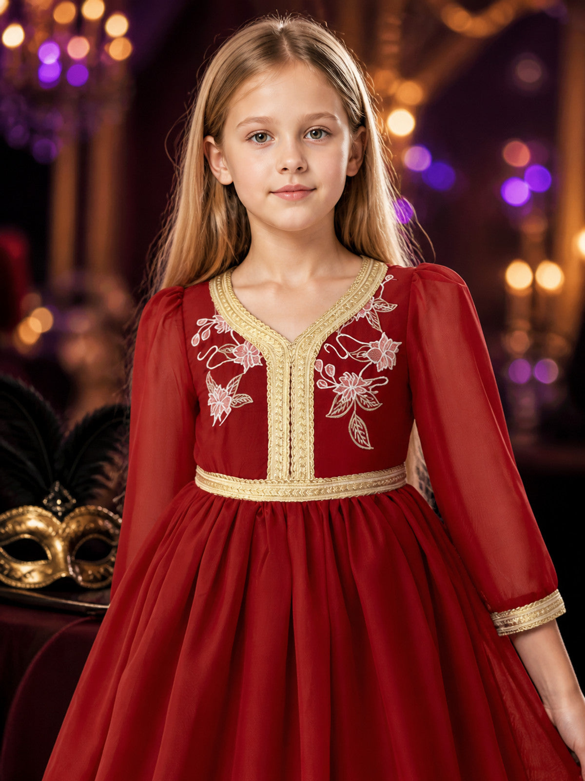 Girls' Red Princess Formal Dress with Gold Trim and Floral Embroidery, Long on-model view