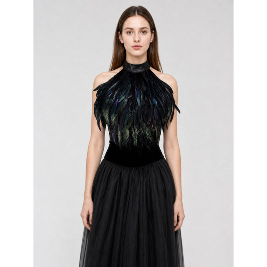 Black halter top with a feather-like texture and no embellishment