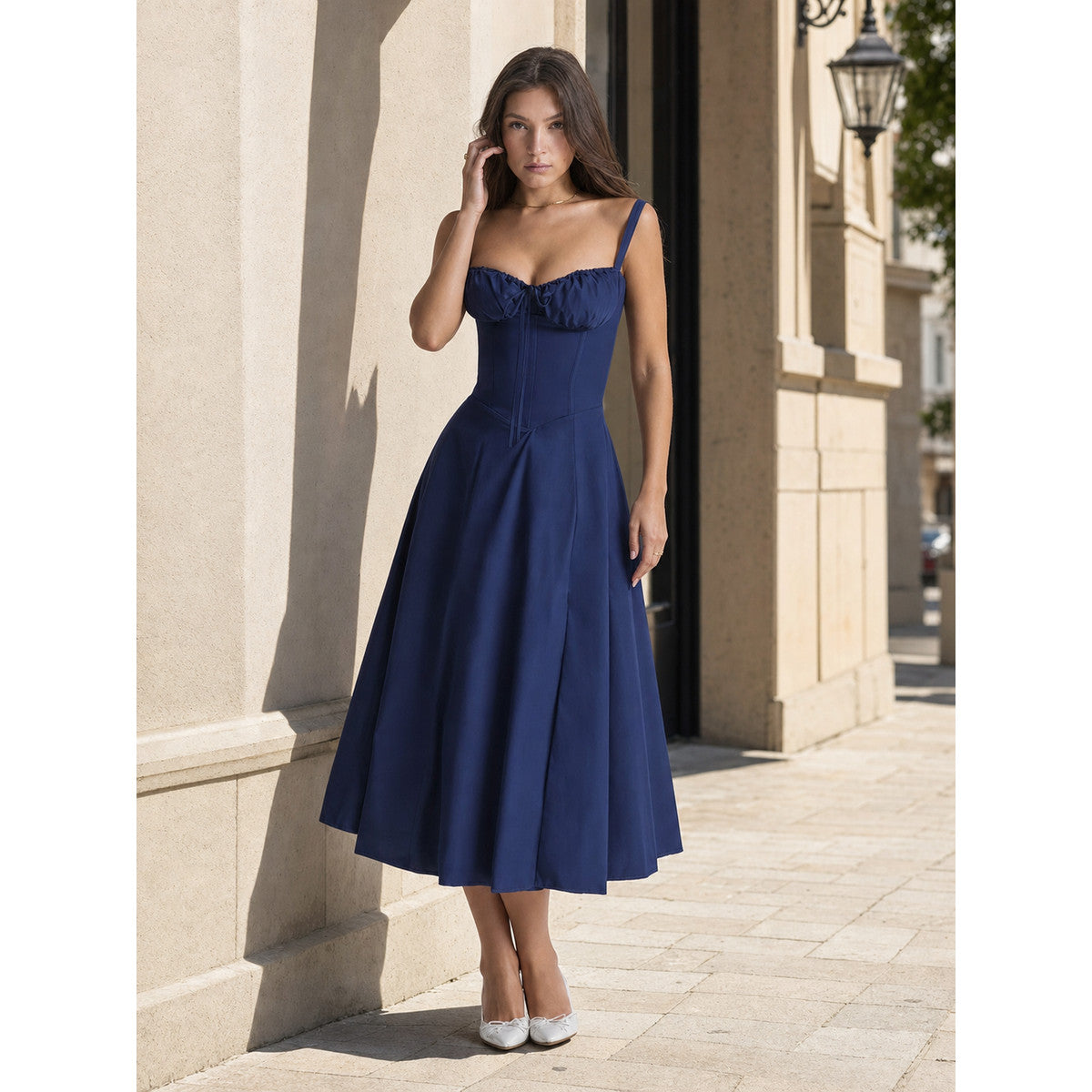 Women’s Dark Navy Strappy Dress with a Corset Bodice