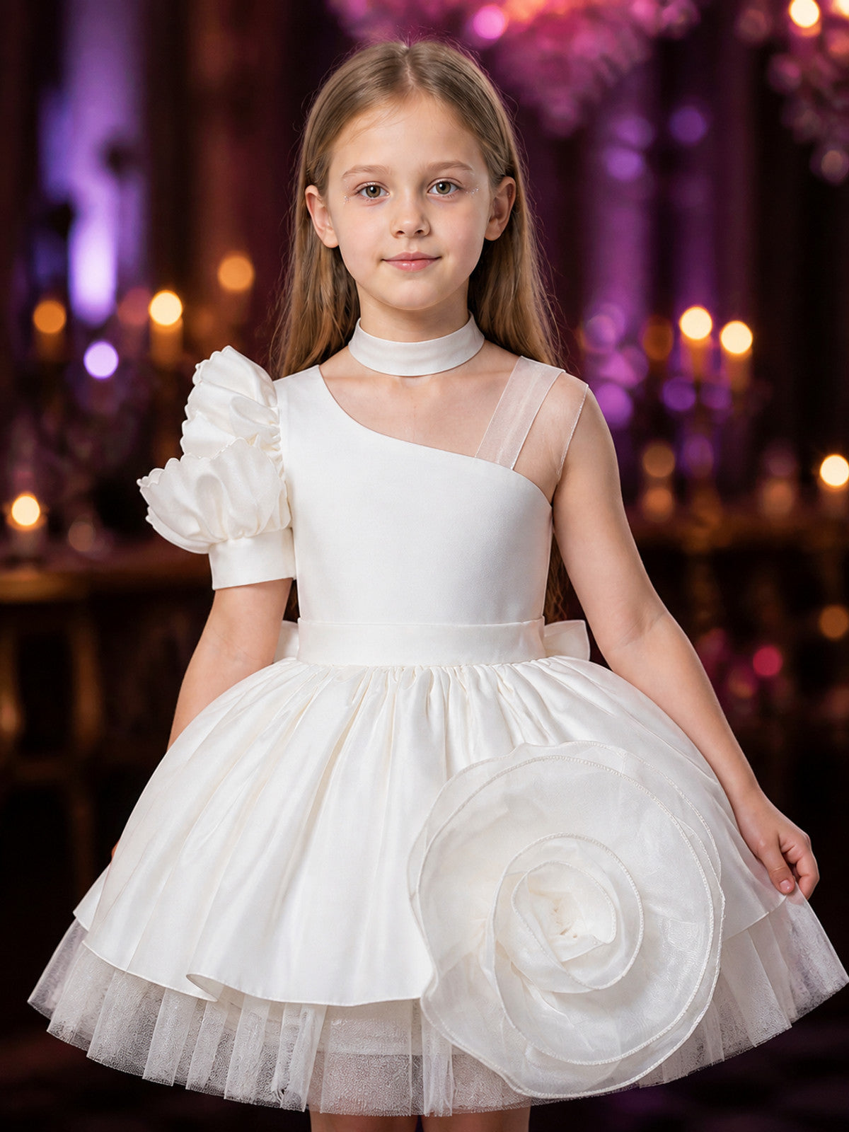 Toddler Girls' White Princess Dress, One-Shoulder Puff Sleeve And Flower Detail on-model view