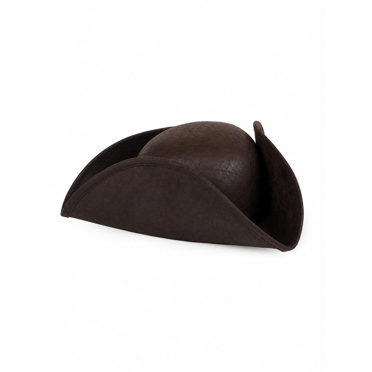 This carnival headpiece is made in a pirate style and is suitable for costume parties, themed events, Halloween, masquerades, stage looks, cosplay, and photo shoots. Its tricorn silhouette, raised curved brims, and dark brown textured surfa