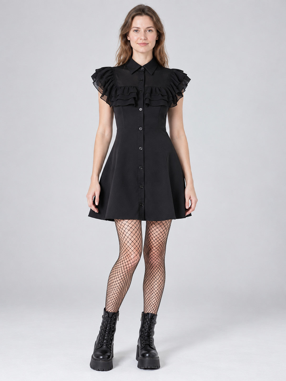 Gothic Black Short Dress with Collar and Ruffles