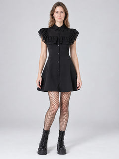 Gothic Black Short Dress with Collar and Ruffles