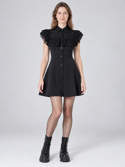 Gothic Black Short Dress with Collar and Ruffles