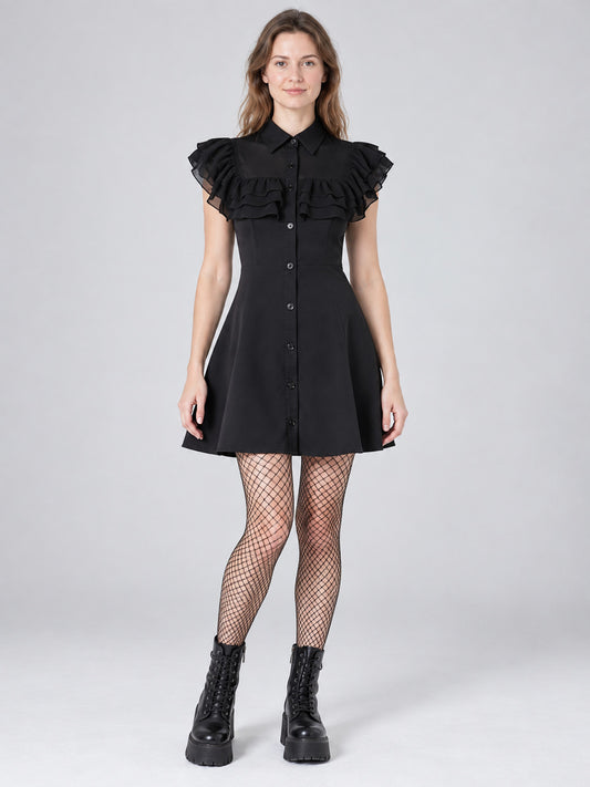 Gothic Black Short Dress with Collar and Ruffles